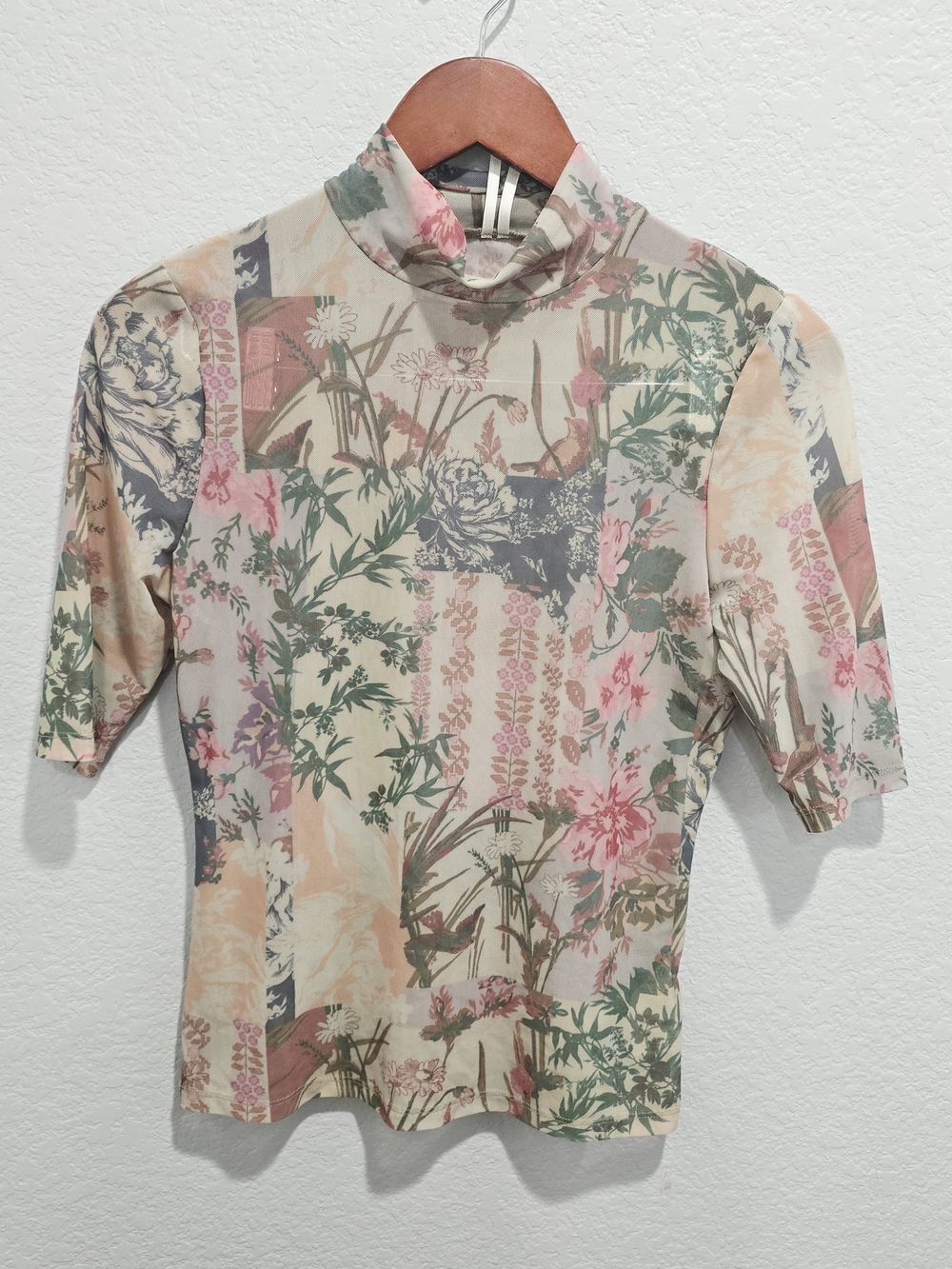 By Anthropologie Printed Mesh Turtleneck Top Women’s Small Floral Patchwork